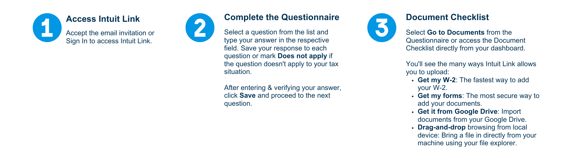 1. Access Intuit Link 2. Complete the Questionnaire 3. Document Checklist